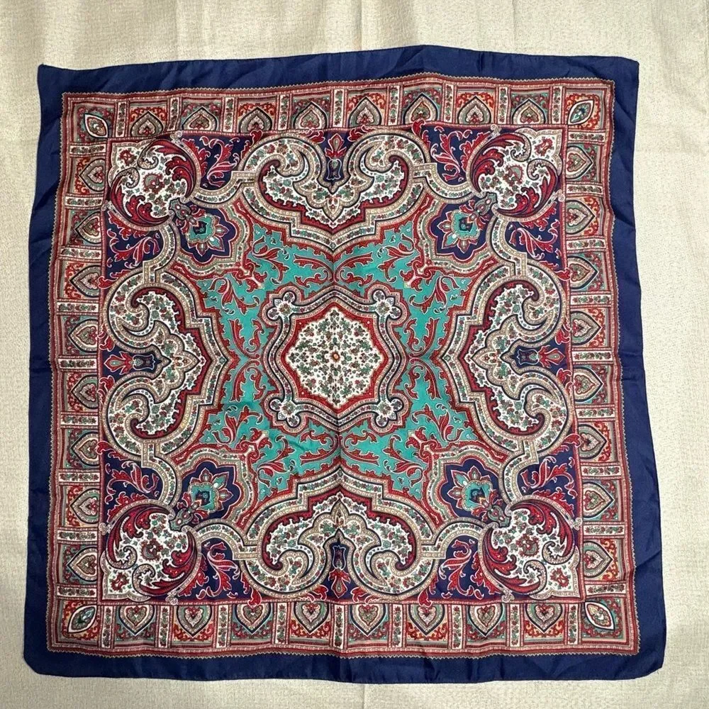 Vintage Silk Twill Paisley Scarf Navy Teal Red 30” Sq. Classic Medallion Print